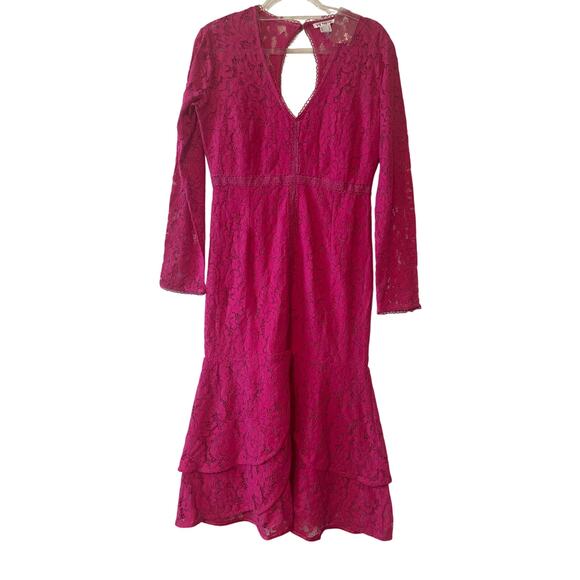 Venus NWOT Size 10 Hot Pink Lace Floral Open Back Midi Tulip Hem V Neck Dress - Picture 1 of 7